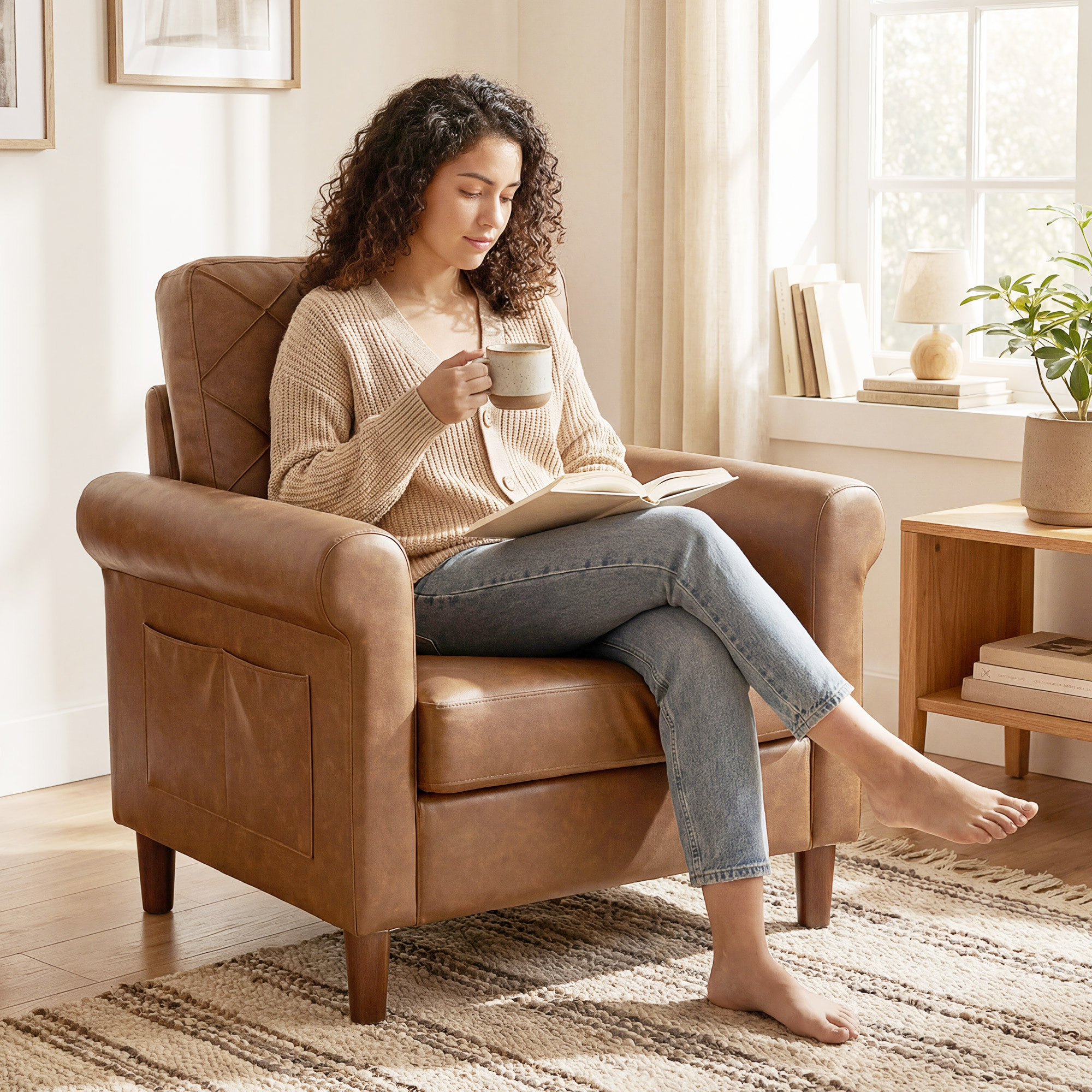 Sillón Relax, Sofá Individual, Tapizado en PU, Cojín Grueso, Respaldo con Costuras, Asiento Amplio, Patas de Madera Maciza para Salón, Dormitorio y Oficina, 82x71x84 cm, Marrón
