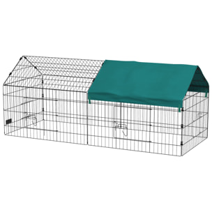 Parc enclos petits animaux - 2 portes, 2 trappes nourrissages, zone couverte - acier noir polyester vert