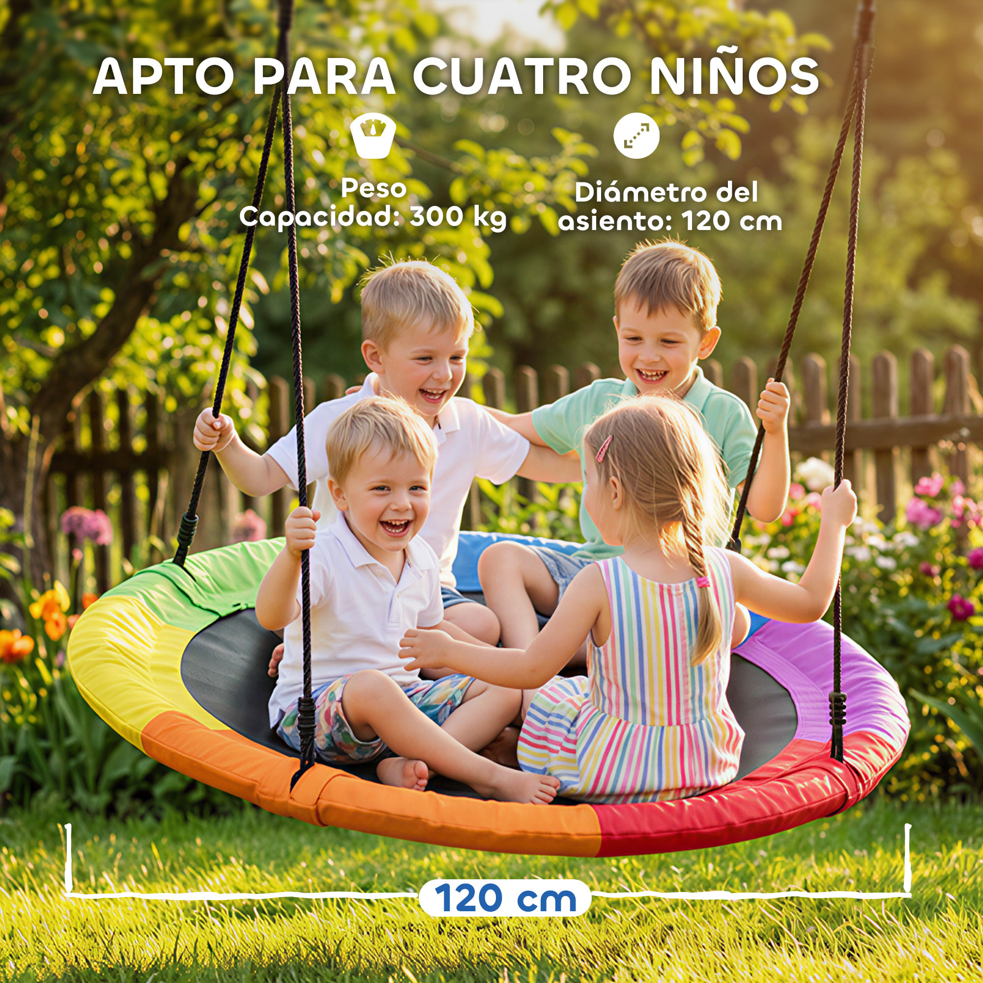 Columpio Nido Infantil, Ø120 cm, Altura Ajustable, Columpio Redondo para Bebés para Árbol, Carga 300 kg, para Interior y Exterior, para 4 Niños de 3 a 8 Años, Multicolor