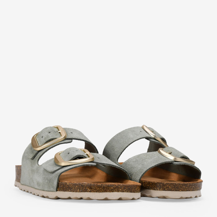 Sandalias planas verdes en piel con doble hebilla