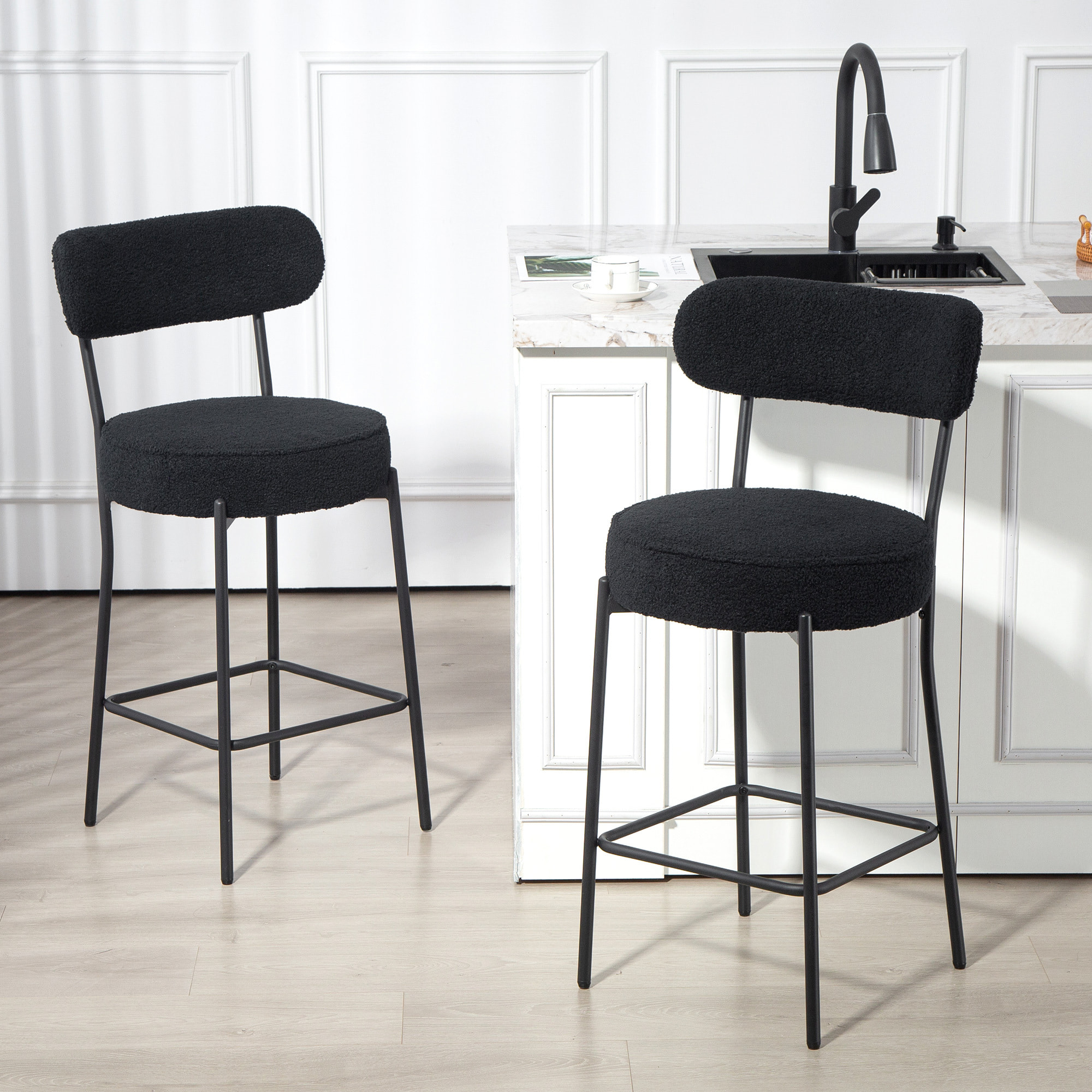 Lot de 2 tabourets de bar en tissu bouclé assise H.68 cm - lot de 2 chaises de bar - acier noir