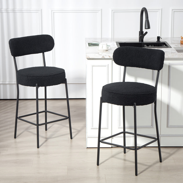 Lot de 2 tabourets de bar en tissu bouclé assise H.68 cm - lot de 2 chaises de bar - acier noir