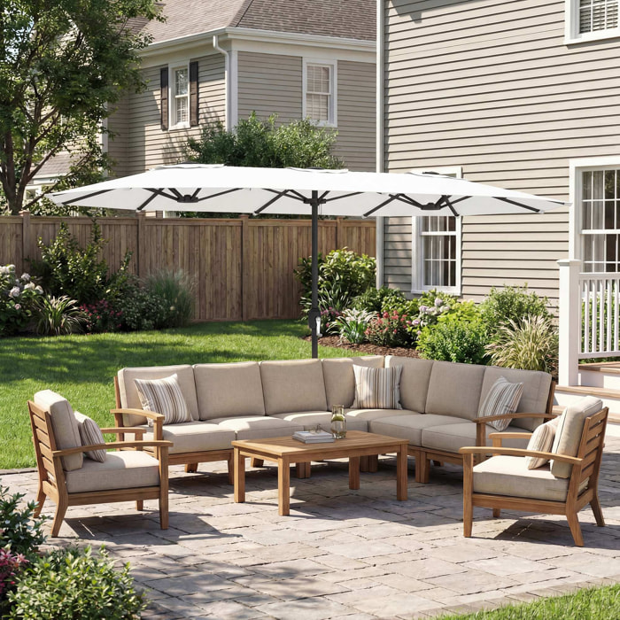 Sombrilla Doble 4,6x2,6 m, Sombrilla Terraza Exterior con Manivela Manual, Protección UV50+, Funda Protectora, Resistente al Agua, Parasol para Jardín, Terraza, Patio, Blanco