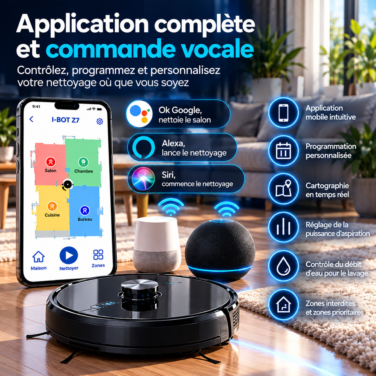 Robot aspirateur laveur connecté avec base aspirante EZIclean® I-Bot Z7 LIDAR IA