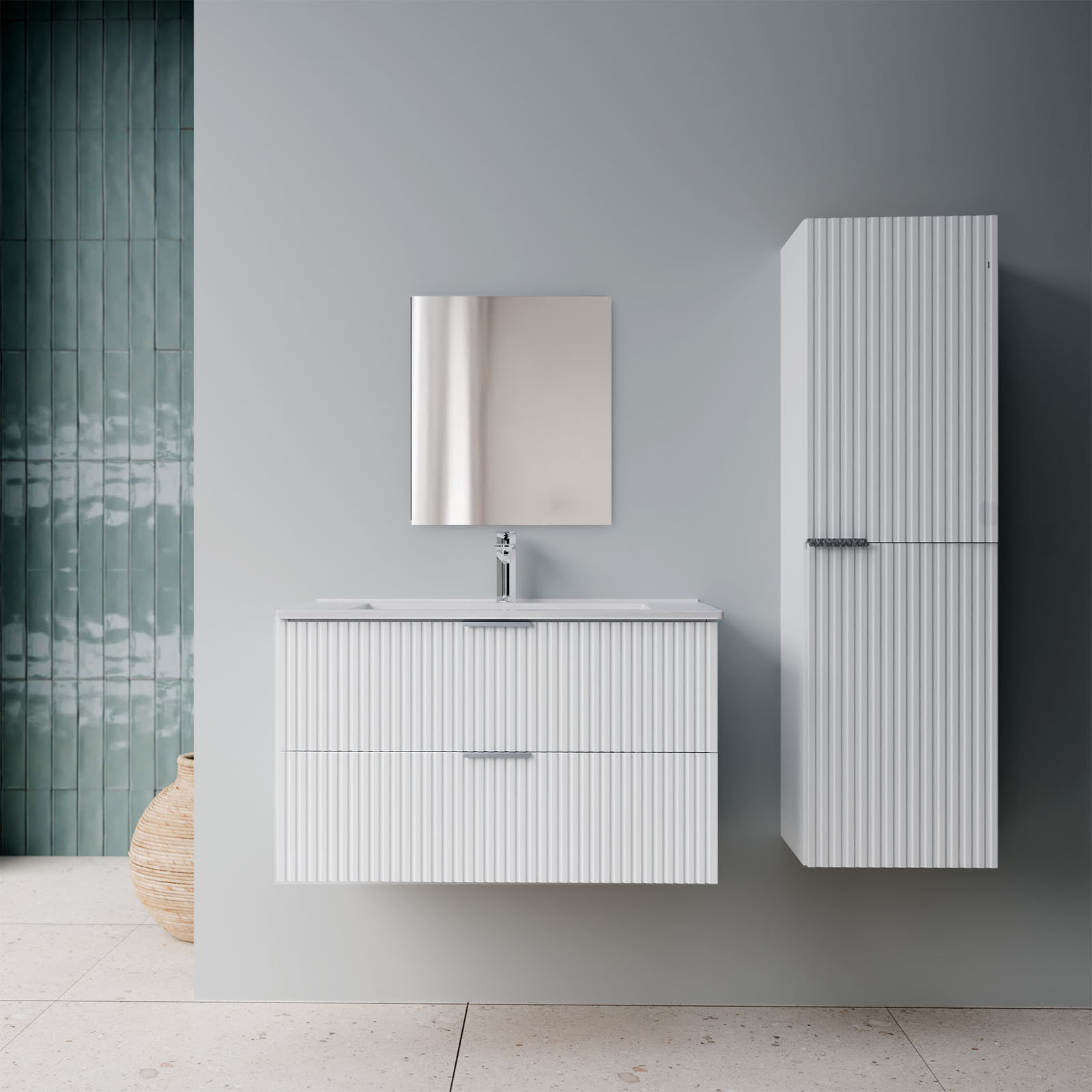 Pack Meuble salle de bain 80cm et Colonne de rangement - Façades Blanches Ondulées - MILO