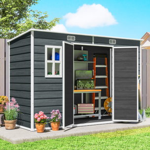 Abri de jardin 3,2 m² portes verrouillables plancher fenêtres aérations résine PP effet bois gris blanc