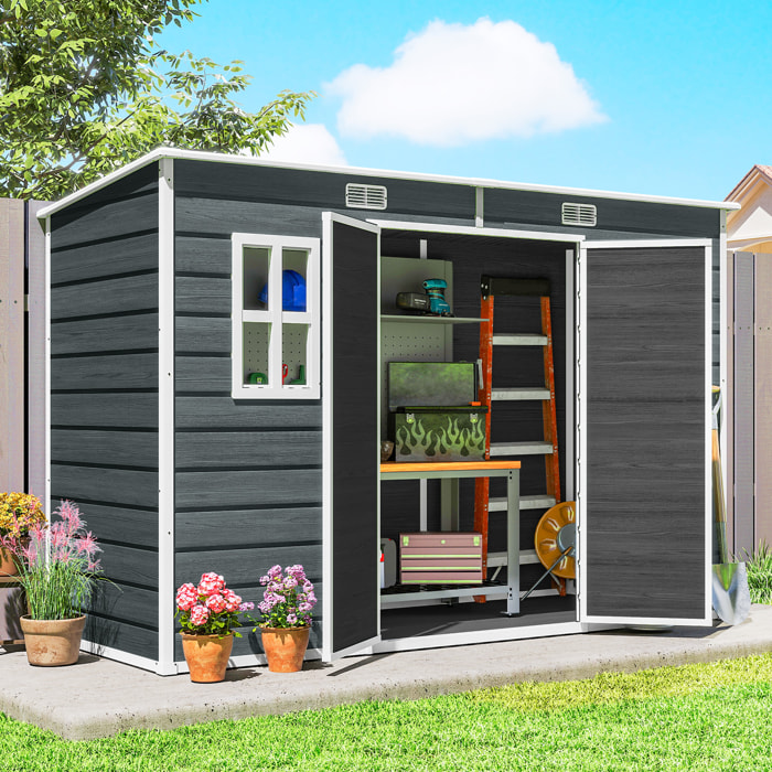 Abri de jardin 3,2 m² portes verrouillables plancher fenêtres aérations résine PP effet bois gris blanc