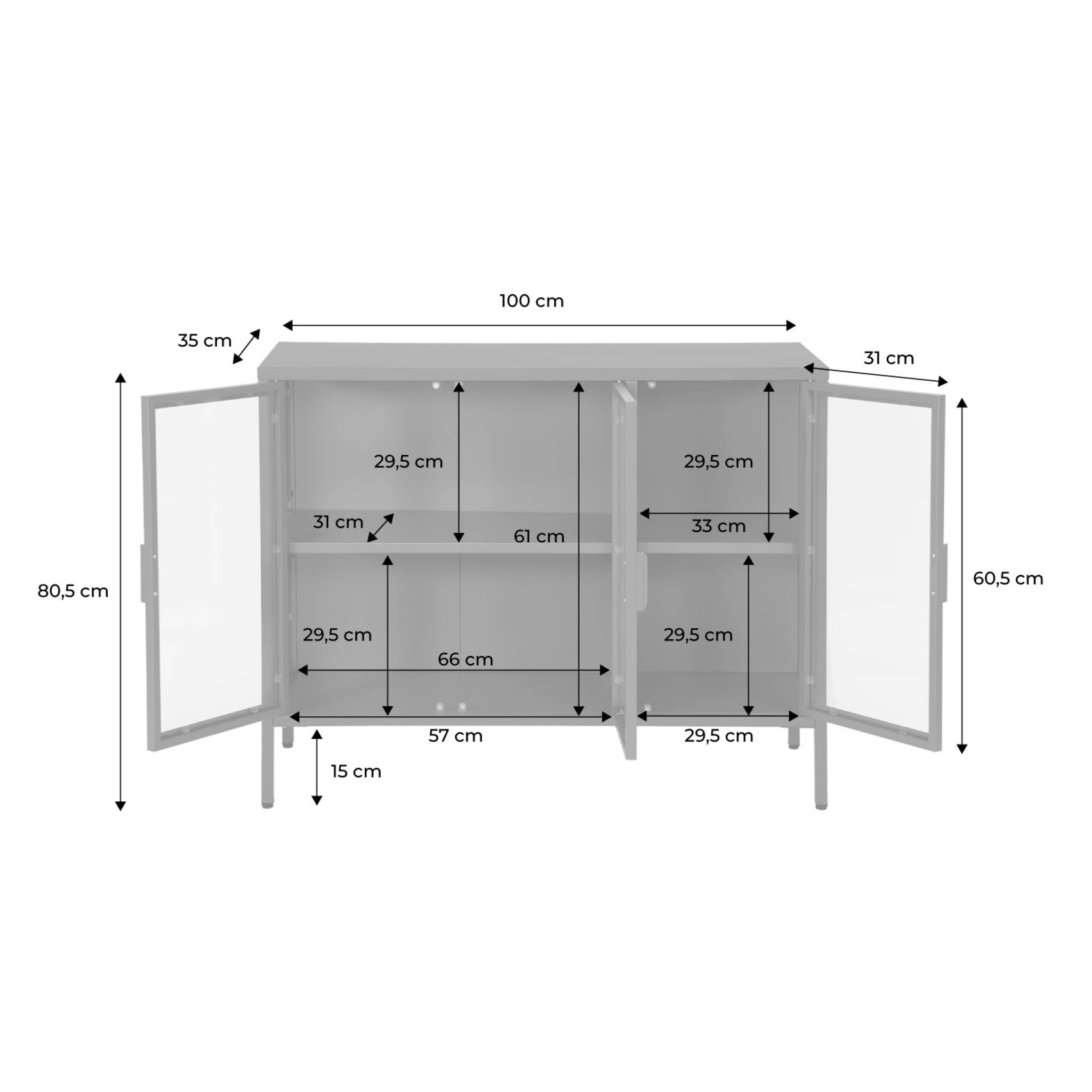 Buffet industriel métal et verre trempé 3 portes 100cm ARKANSAS