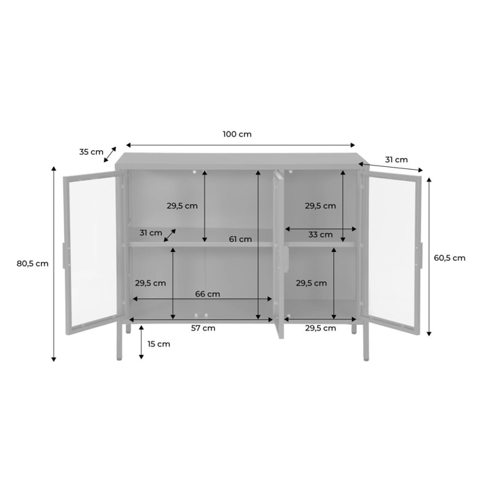 Buffet industriel métal et verre trempé 3 portes 100cm ARKANSAS