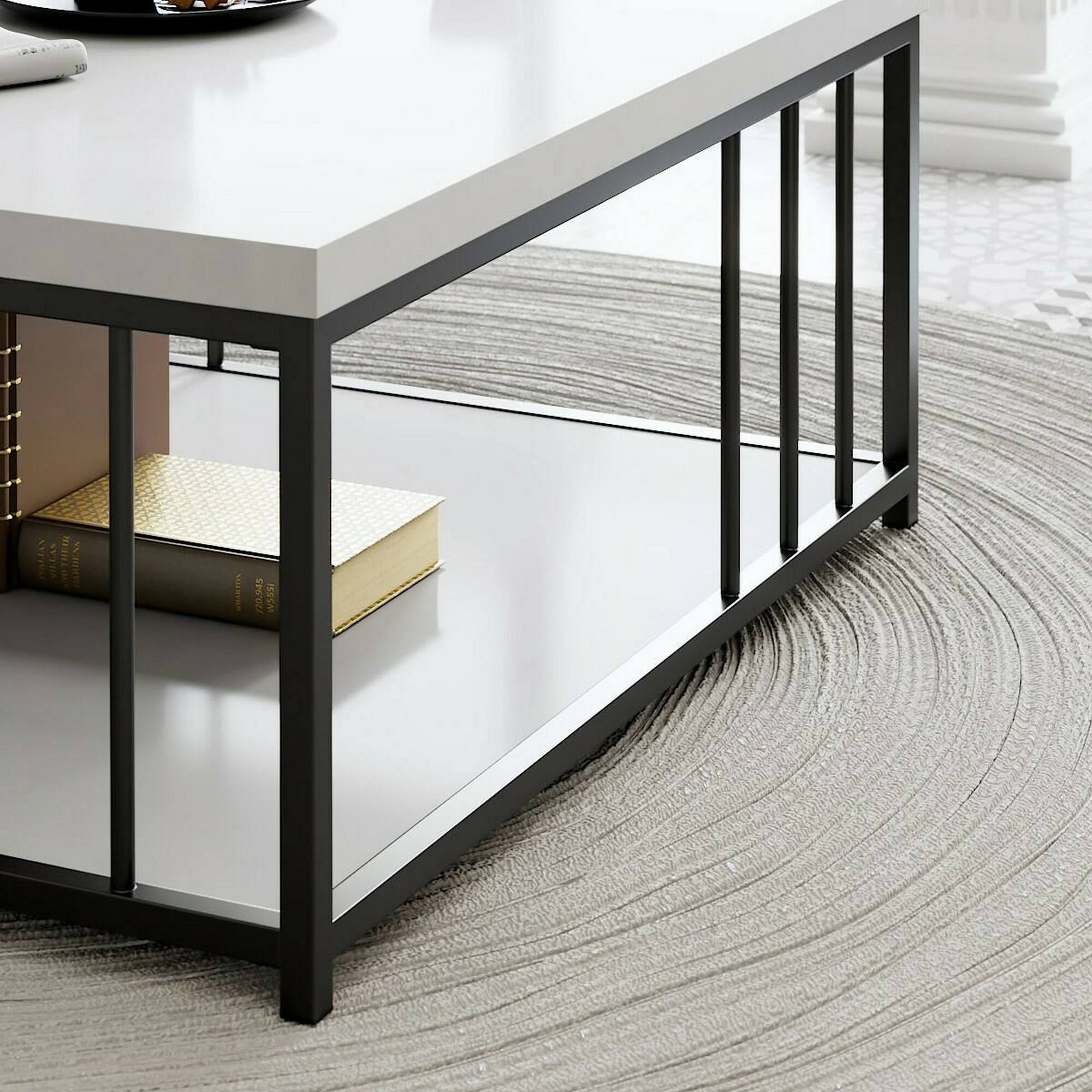 Tavolino da salotto Raiden, Tavolo basso da caffè, Portariviste per divano, Ripiano da soggiorno, 90x90h40 cm, Bianco e Nero