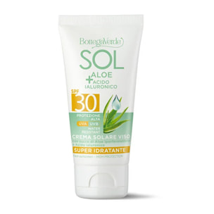 SOL Aloe Acido Ialuronico - Crema solare viso - super idratante - con succo di Aloe iperfermentato e Acido Ialuronico - protezione alta SPF30 - water resistant