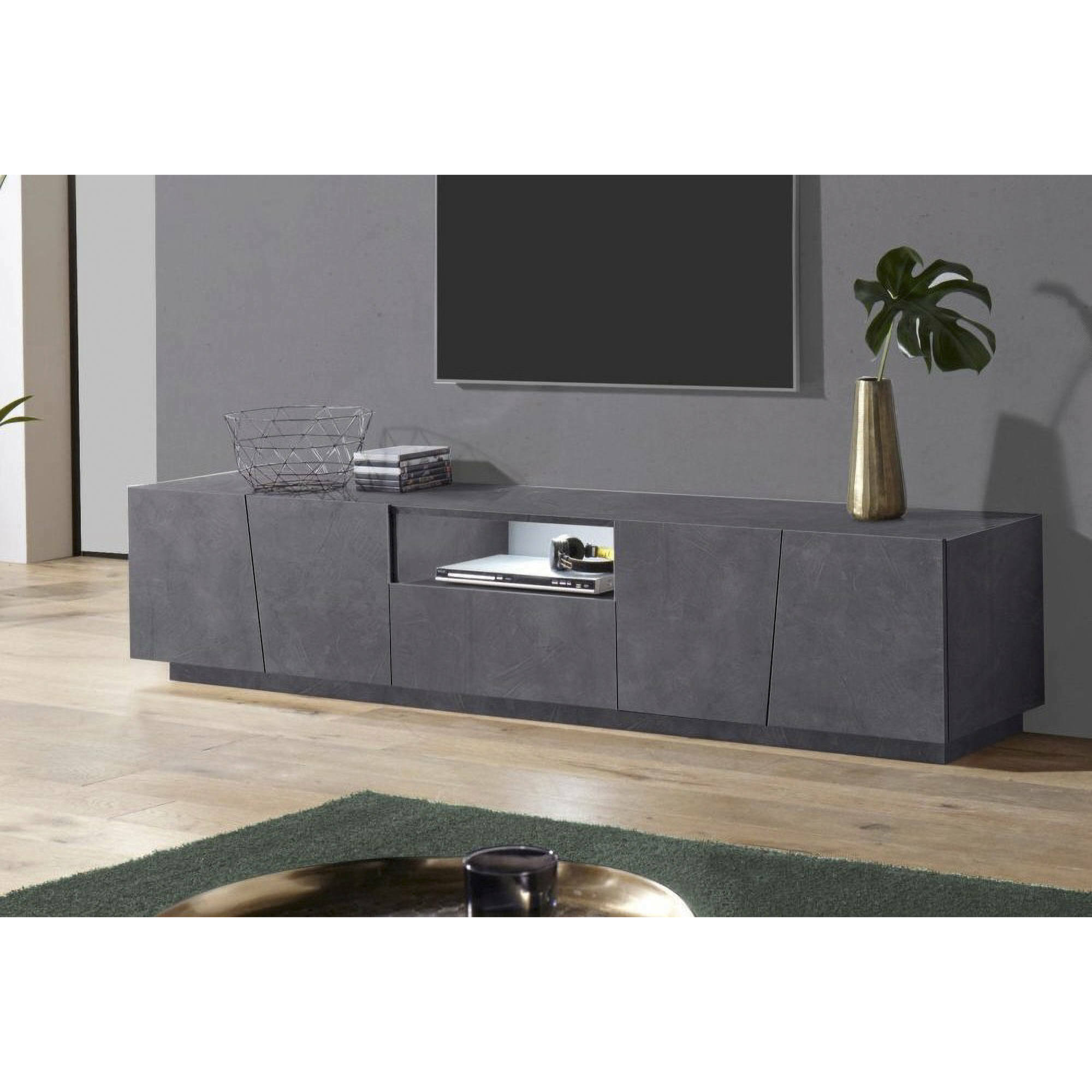 Mobile da soggiorno Porta TV, Made in Italy, Supporto per TV da salotto a 4 ante e 1 cassetto, cm 220x43h46, colore Grigio Ardesia