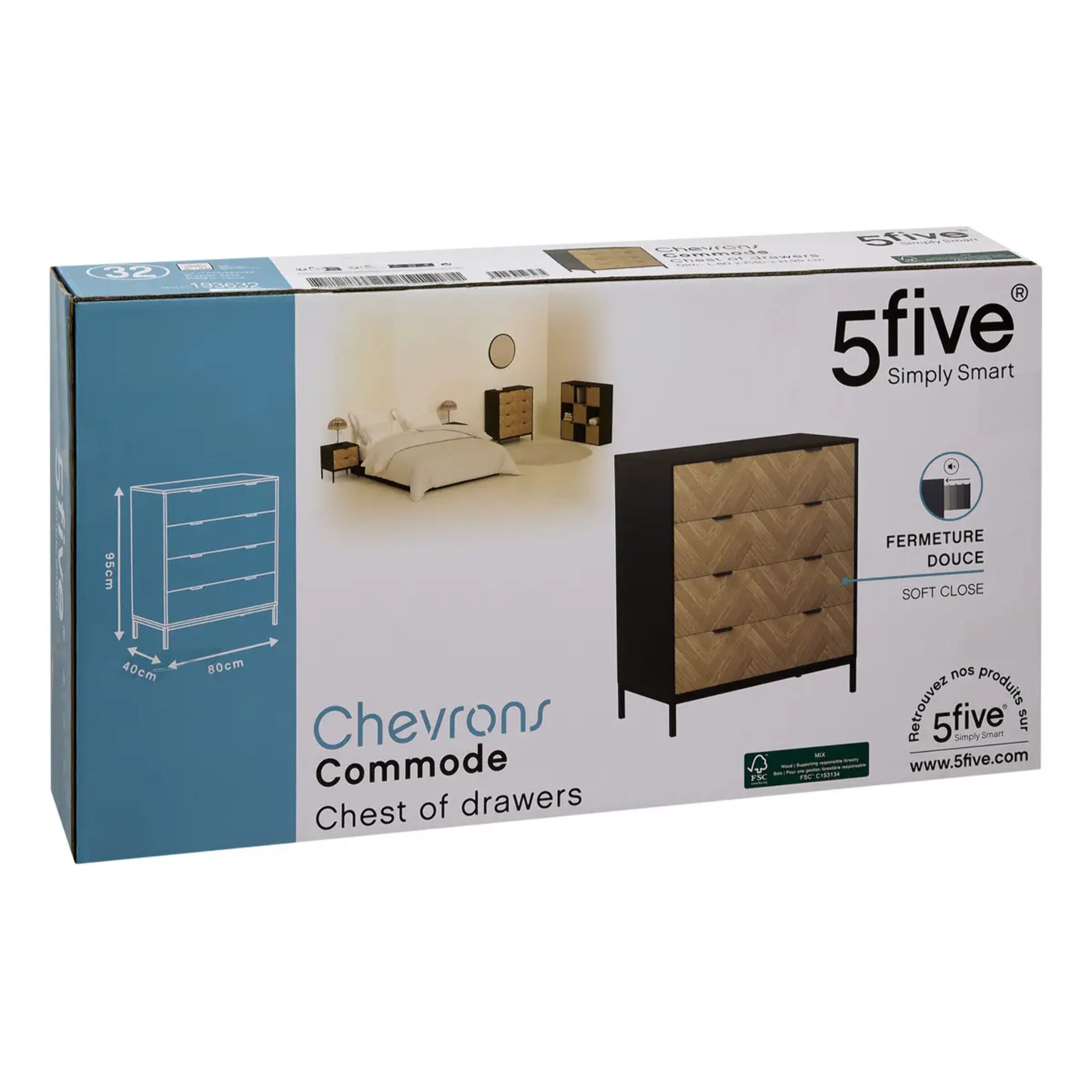 Commode "Chevrons" 4 tiroirs effet pin naturel et noir 95x80cm