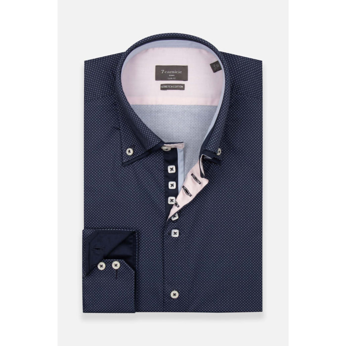 Camicia Uomo 2 Bottoni Button Down 7bottoni Doppio Coll Jacquard Fantasia Blu/Celeste