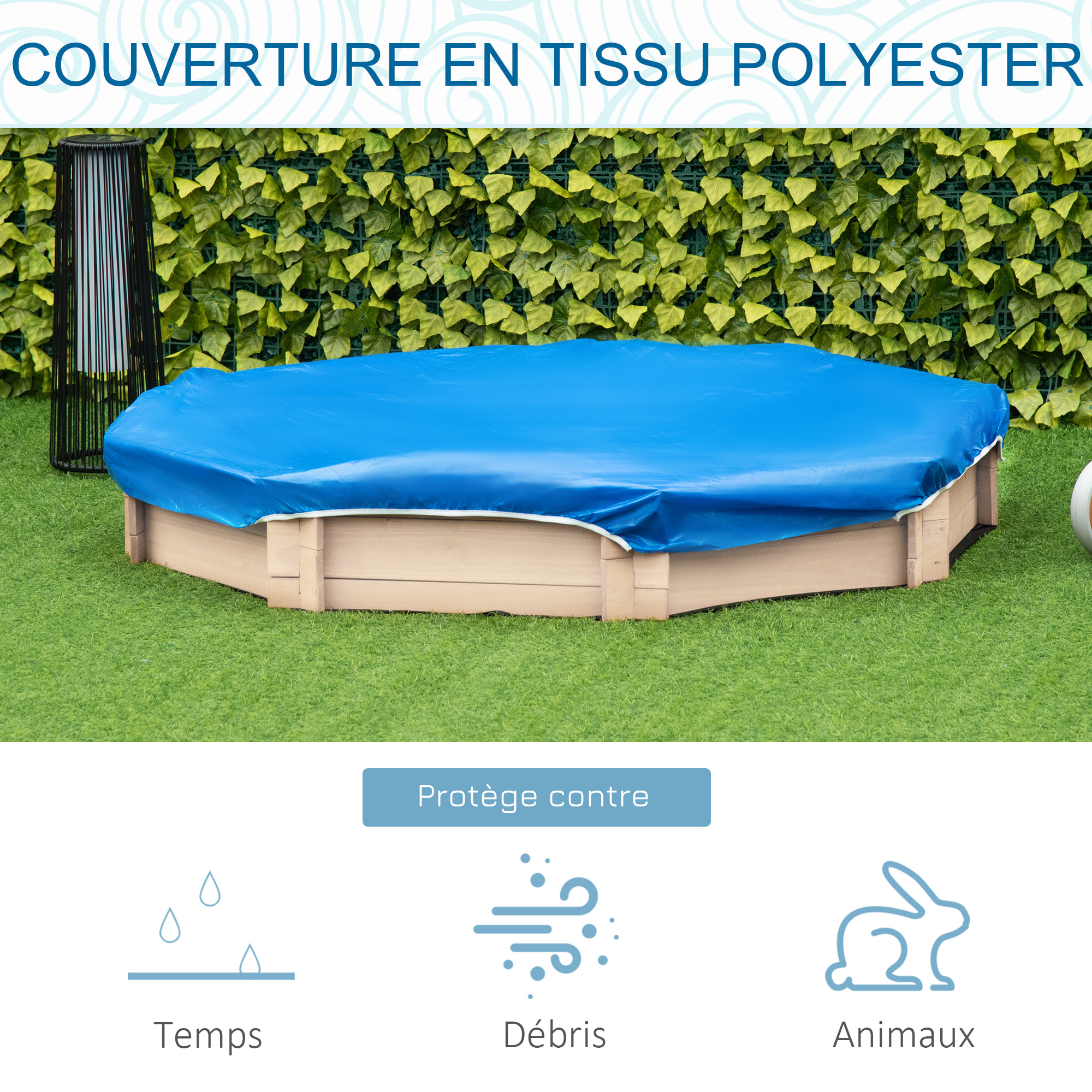 Bac à sable bois octogonal dim. 139,5L x 139,5l x 21,5H cm - 4 bancs - bâche de couverture, non tissé de sol inclus - bois sapin