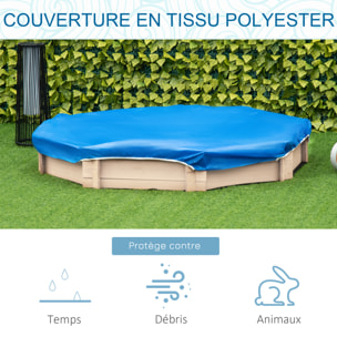 Bac à sable bois octogonal dim. 139,5L x 139,5l x 21,5H cm - 4 bancs - bâche de couverture, non tissé de sol inclus - bois sapin