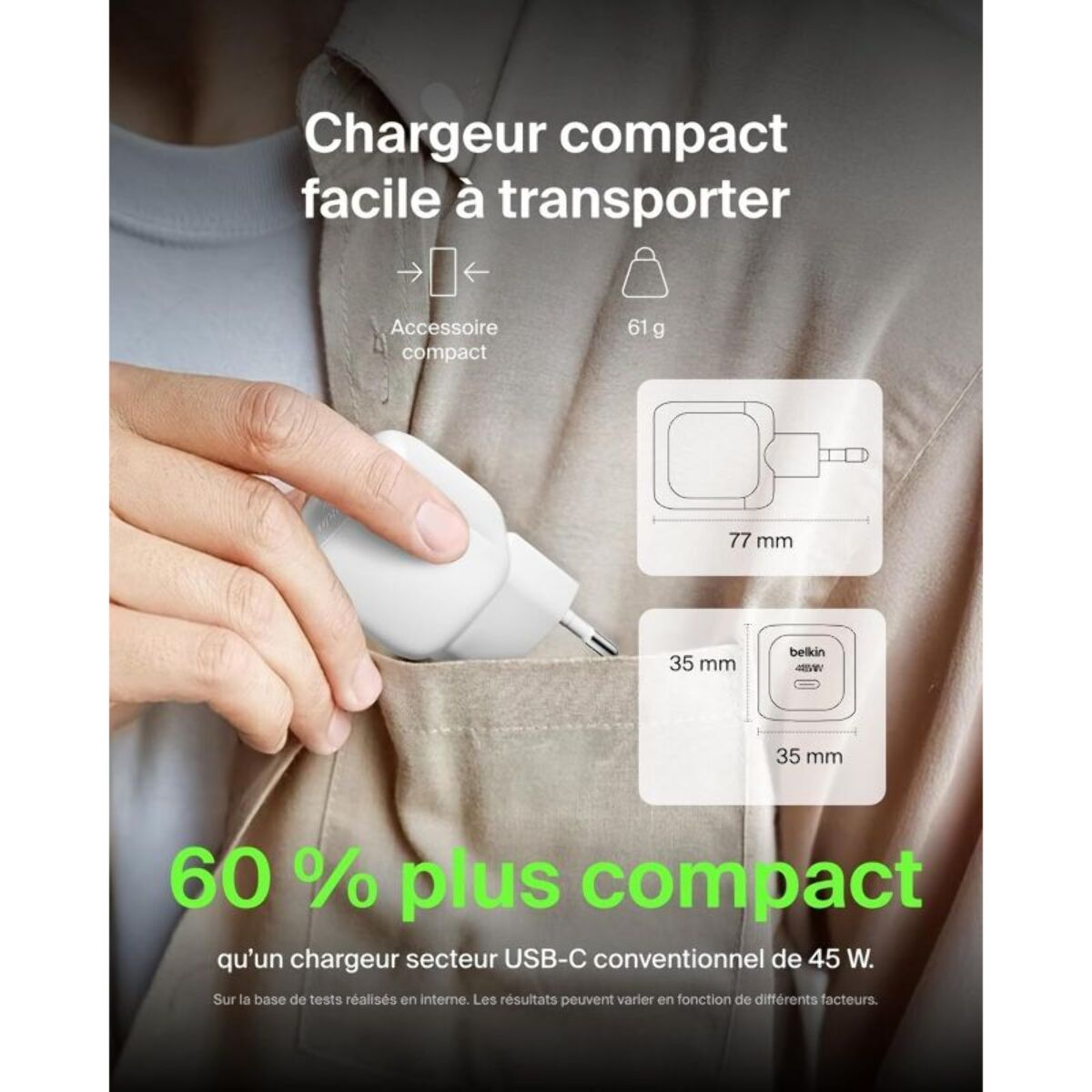 Chargeur BELKIN 45W USB charge rapide & 1M C-C blanc