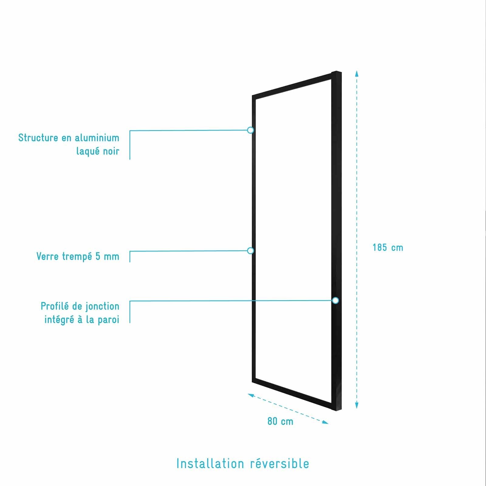 Paroi Retour porte de douche Noir 80x185cm - BLACK SLIDE