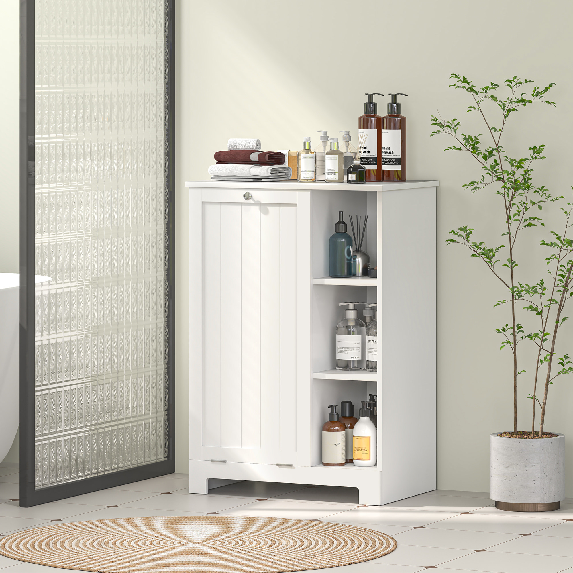 Armario de Baño con Cesto Ropa Sucia Mueble de Baño con Puerta Abatible Estantes Abiertos y Cesta Extraíble 60x38x86 cm Blanco