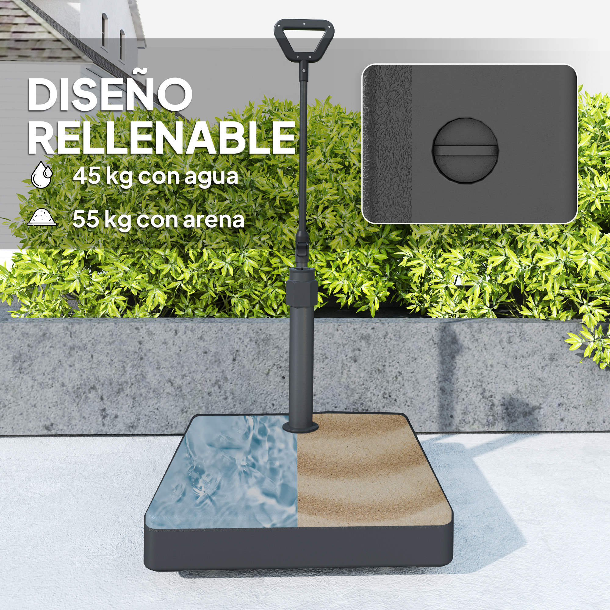 Base para Sombrilla Cuadrada Soporte para Parasol con Ruedas Pie para Sombrilla con Asa Ajustable Rellenable con Agua 45L o Arena 55kg para Jardín Terraza Negro
