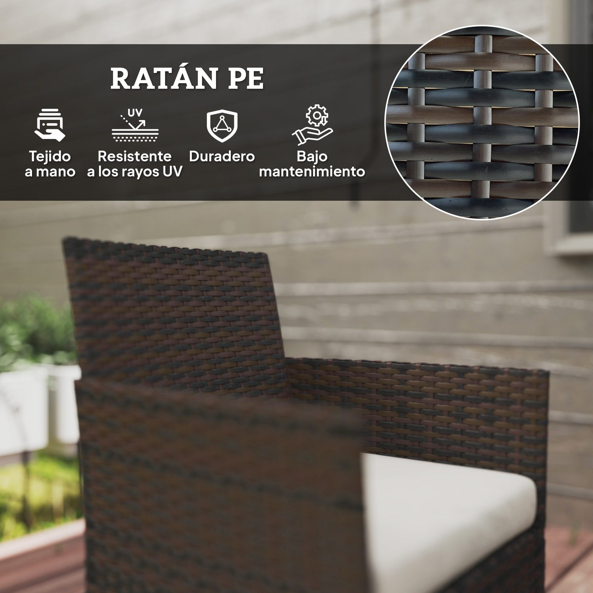 Conjunto Jardín Exterior de Ratán con Cojines Conjunto Terraza Resistente a la Intemperie Muebles Jardín Exterior con 2 Sillones Sofá de 2 Plazas Mesa con Cristal Marrón
