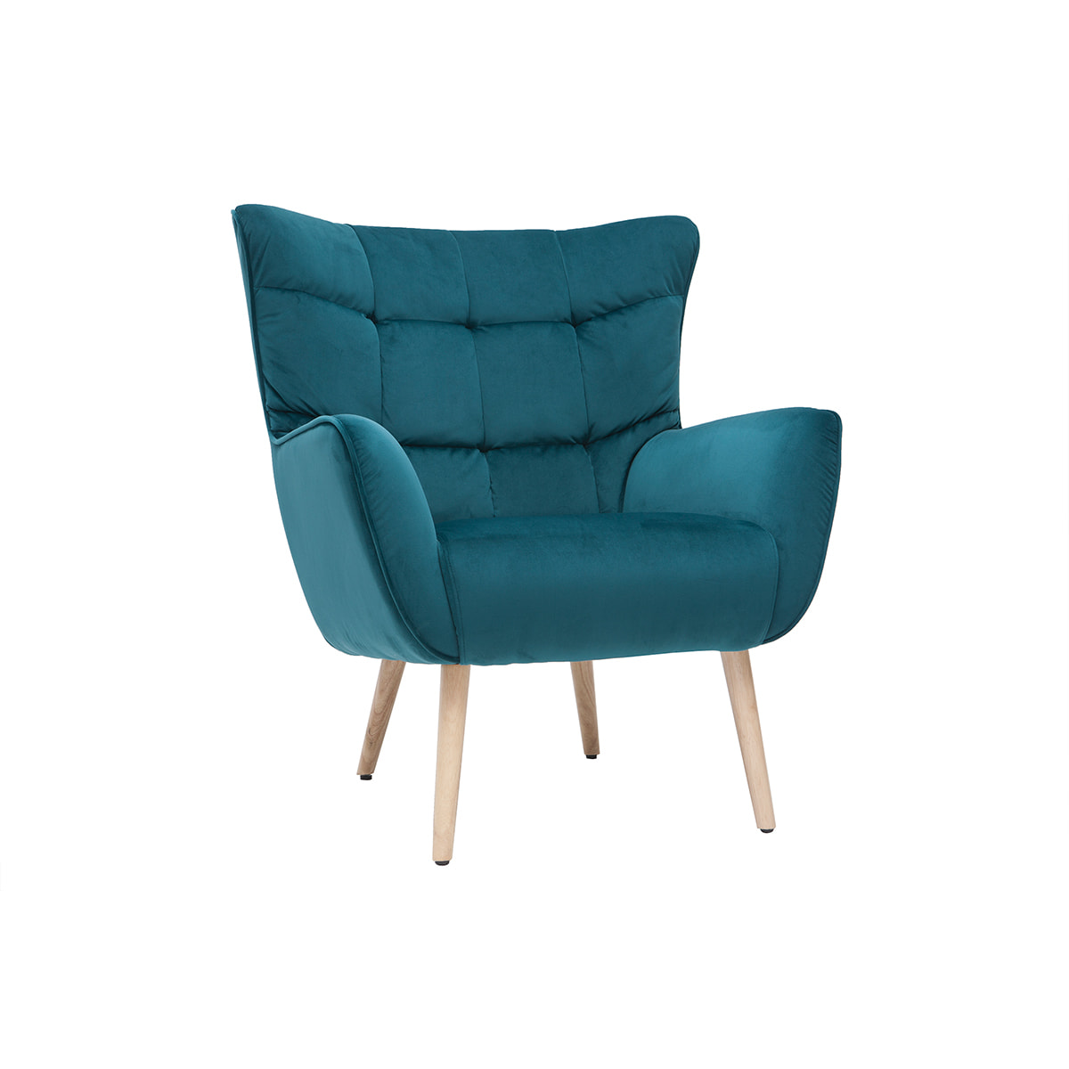 Fauteuil scandinave en tissu velours bleu pétrole et bois clair AVERY