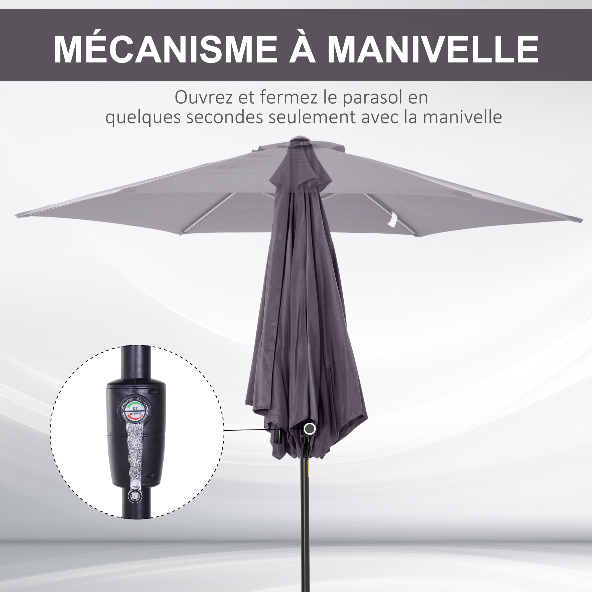 Parasol inclinable de jardin balcon terrasse manivelle toile polyester imperméabilisée haute densité 180 g/m² Ø2,7 x 2,35H m alu gris