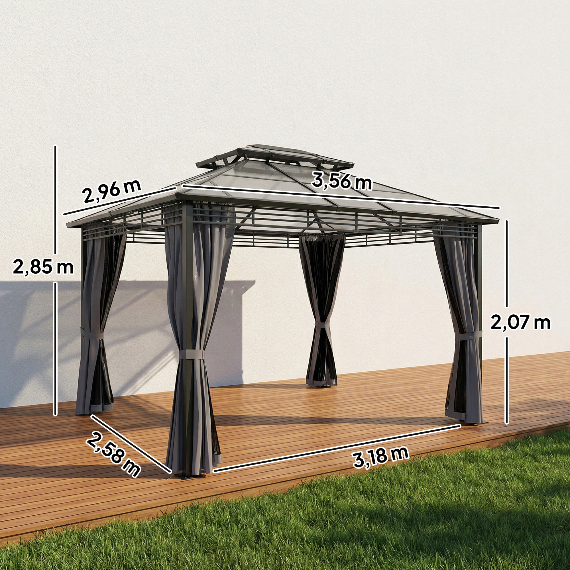 Pergola pavillon de jardin alu métal double toit polycarbonate 3 x 3,5 m rideaux moustiquaires inclus