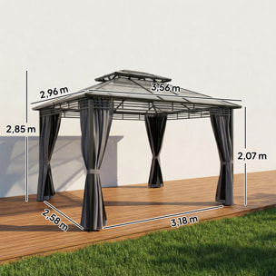 Pergola pavillon de jardin alu métal double toit polycarbonate 3 x 3,5 m rideaux moustiquaires inclus