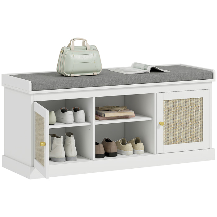 Banco Zapatero Mueble Zapatero Banco Recibidor Bohemio con Asiento Acolchado Puertas Frentes de Ratán Estante Abierto Estante Ajustable para 9 Pares de Zapatos para Entrada 105x35x47 cm Blanco