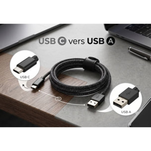 Câble USB C ADEQWAT vers USB 2M tressé Noir compatible iPhone 17 16 15 Pro Max et Samsung Galaxy S25 S24 Ultra