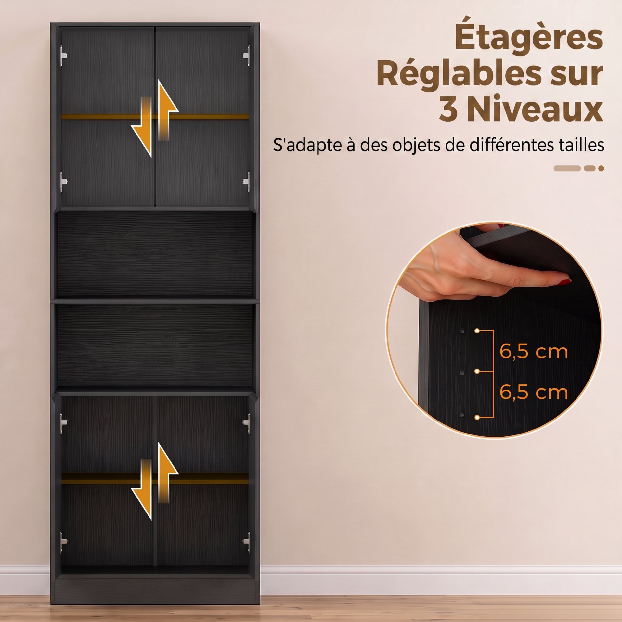 Buffet haut effet bois noir 4 portes 2 étagères 2 niches