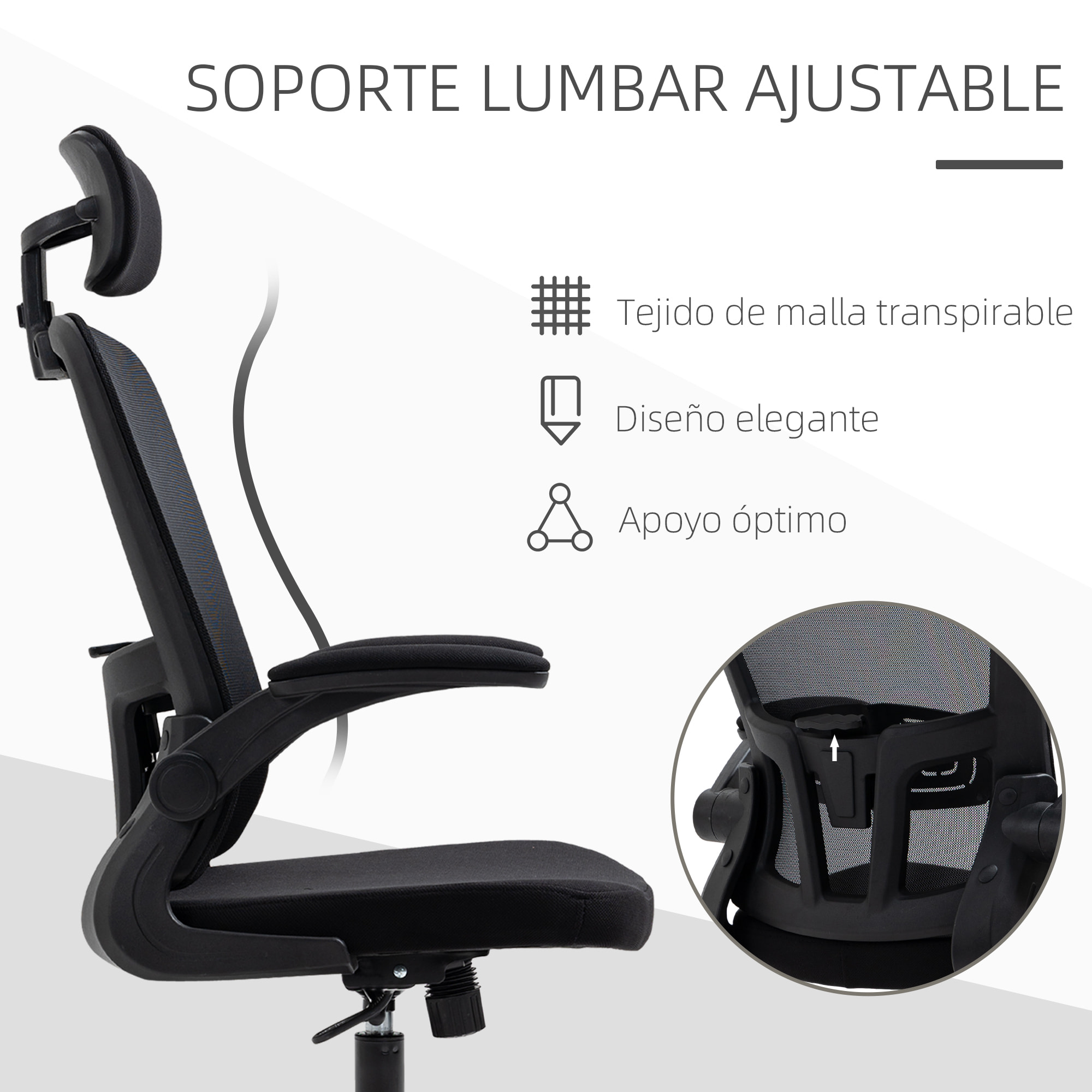 Vinsetto Silla de Oficina de Malla Ergonómica Silla Escritorio Giratoria con Altura Ajustable Reposabrazos Plegable Reposacabezas y Soporte Lumbar Regulables 65x64x114-122 cm Negro