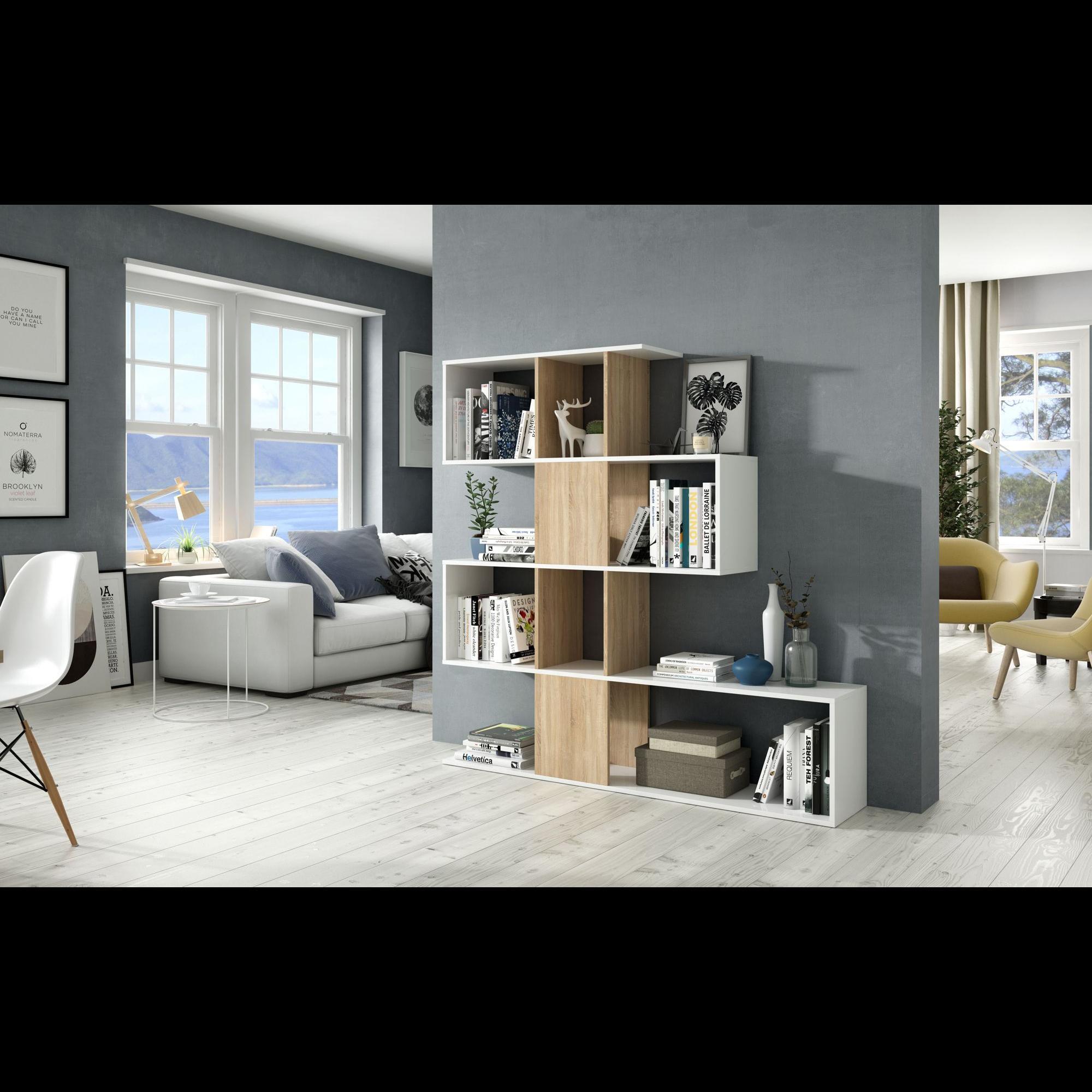 Libreria Design Zig Zag Scaffale Mensola Moderna Bianca Rovere Mobile per Libri con Ripiani per Soggiorno Salotto 145 x 145 x 29 cm Bianco Rovere