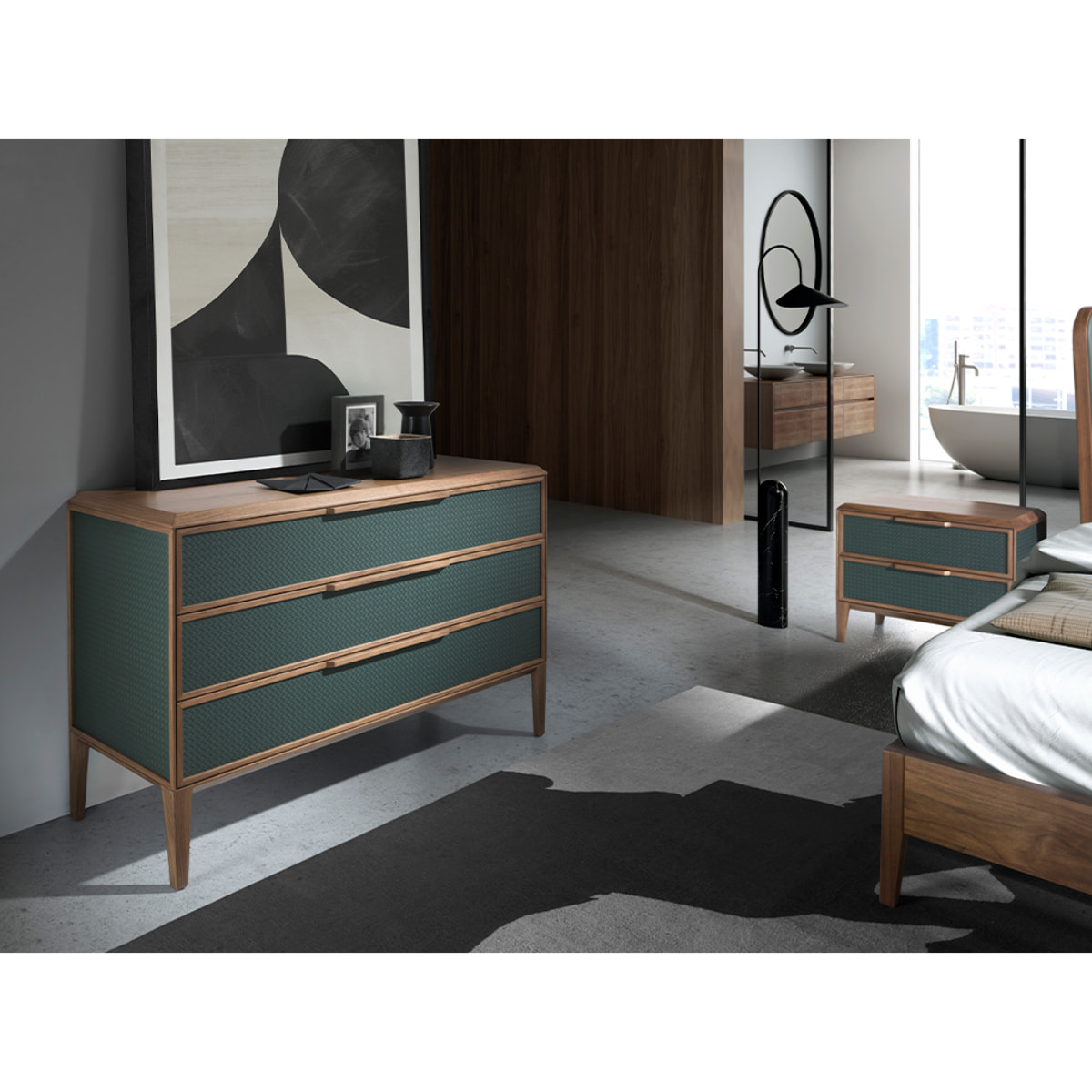 Cómoda con estructura de PVC en verde oscuro y patas de madera chapada en nogal natural 119x46x75cm