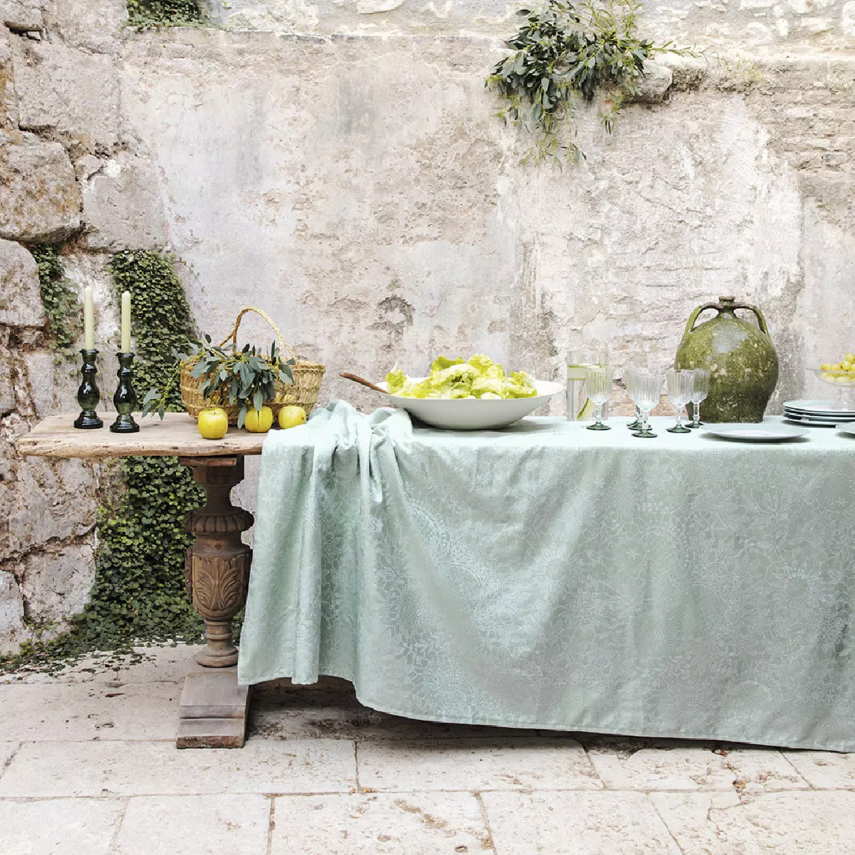 Set pur coton enduit jacquard Mille guipures jade