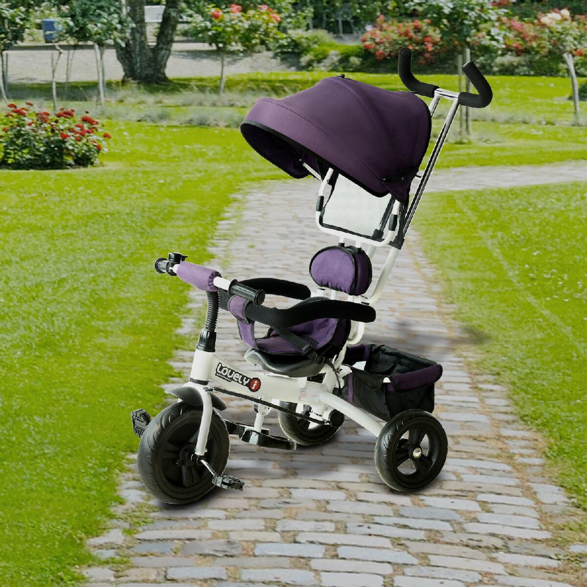 Tricycle enfant évolutif pare-soleil pliable canne  télescopique amovible 92 x 51 x 110 cm acier violet blanc