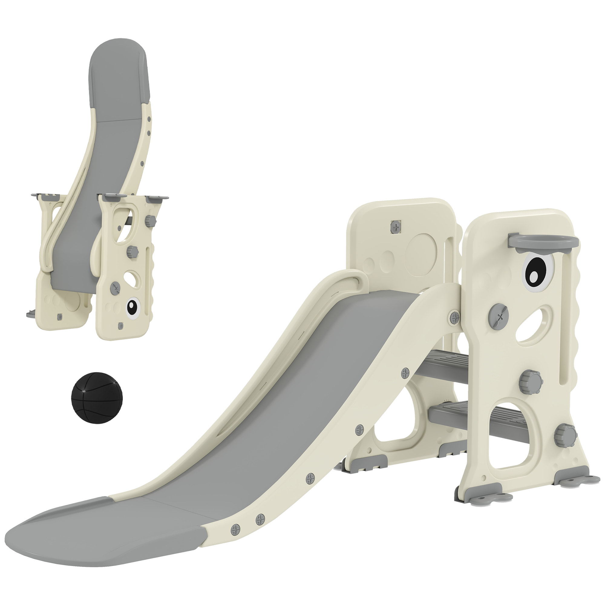 Tobogán Infantil 3 en 1 Tobogán para Niños de 2 a 5 Años Plegable con Escalera Canasta de Baloncesto Diseño de Dinosaurio y Hebillas Reforzadas para Interior 146x52x65 cm Blanco Crema