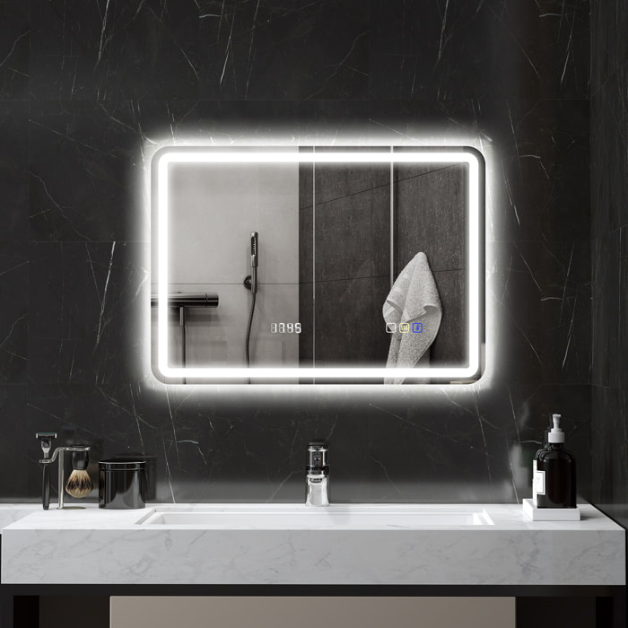 Espejo de Baño con Luz LED 70x50 cm Espejo de Pared con Bluetooth 3 Colores de Luz Reloj Digital Función Antivaho Función de Memoria Interruptor Táctil IP44