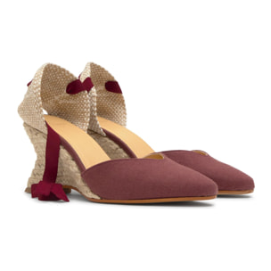 Alpargata Jud cuña de yute geométrica en lino con lazo, escote en V y punta afilada