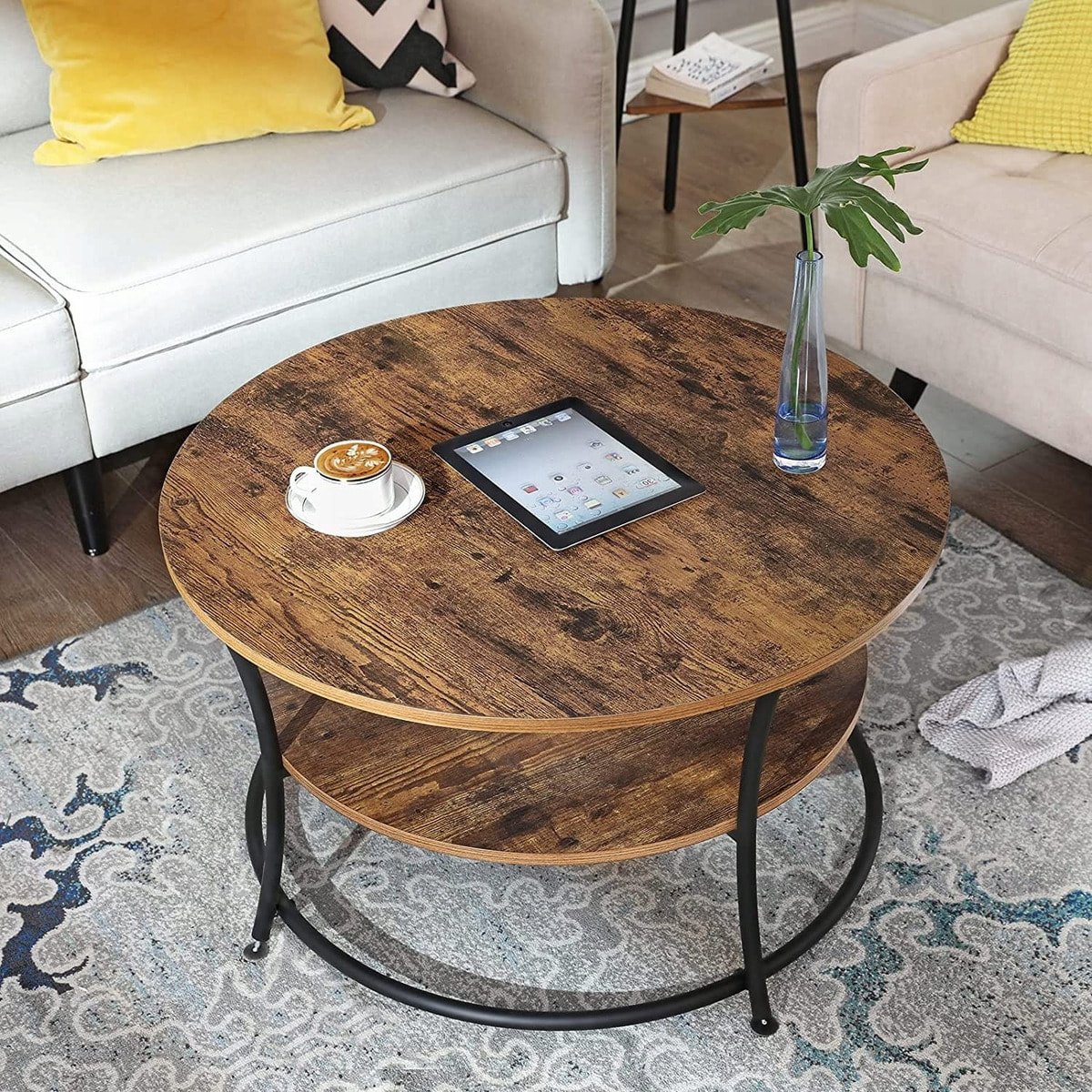 Tavolino da salotto rotondo Loft in legno rustico e metallo