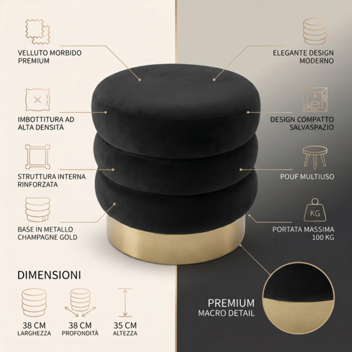 Pouf rotondo in velluto con base oro Ø38x38 cm, sgabello imbottito design moderno elegante, seduta decorativa per salotto camera da letto ingresso cabina armadio, pouf velvet con struttura resistente fino a 100 kg