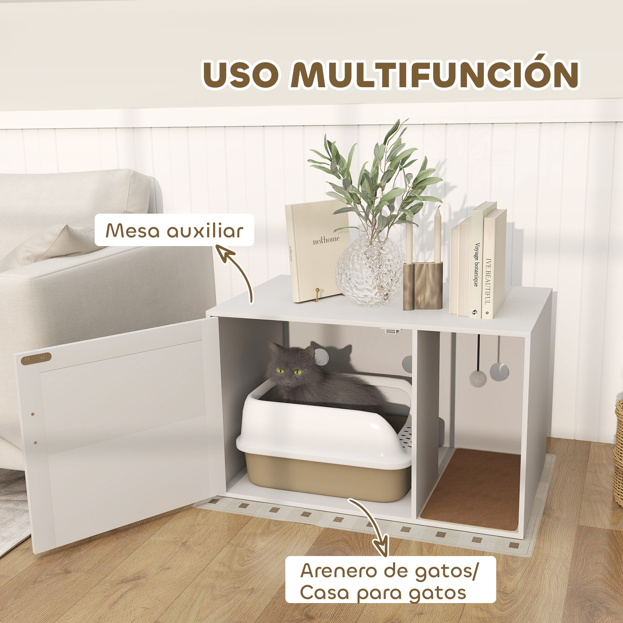 Mueble Arenero para Gatos Caja de Arena para Gatos con Almohadilla para Rascar y Puerta de Ratán para Salón Dormitorio 80x50x50 cm Blanco