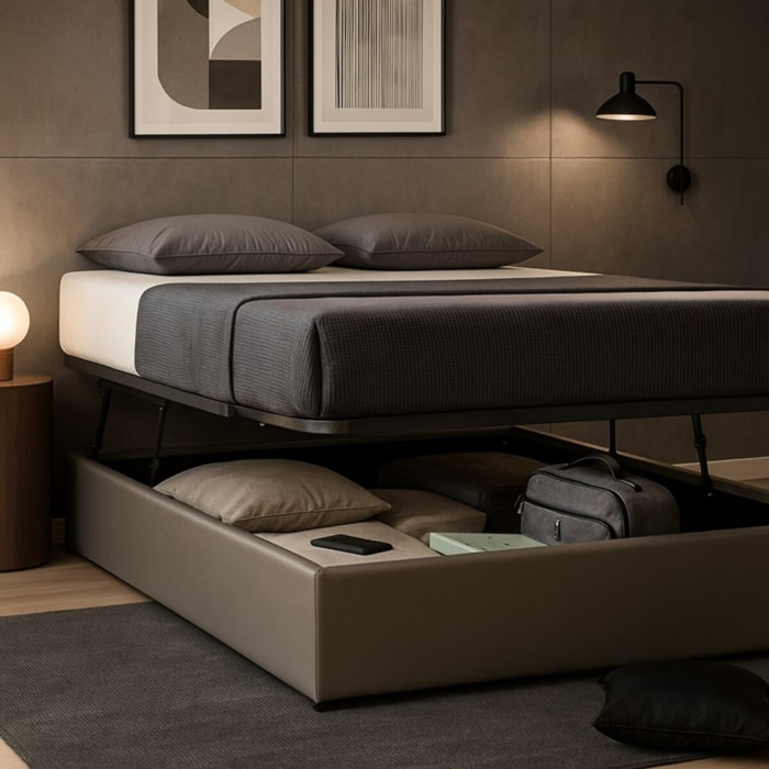 Lit coffre Parallèle | 3 Positions : Stocker, Faire Le lit, Repos | Espace de stockage jusqu'à 900 L | Simili cuir | Gris