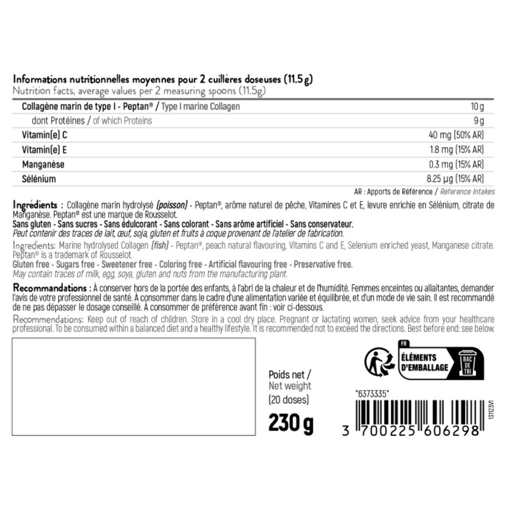 STC NUTRITION - Collagen Duo - Favorise la Santé de la Peau, des Os et des Articulations - Collagène Marin Type I + Vitamines C & E + Sélénium + Manganèse - Arôme naturel de pêche - 2 pots