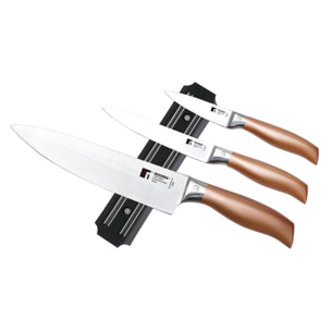 set de 3 cuchillos en acero inoxidable + soporte magnético de pared
