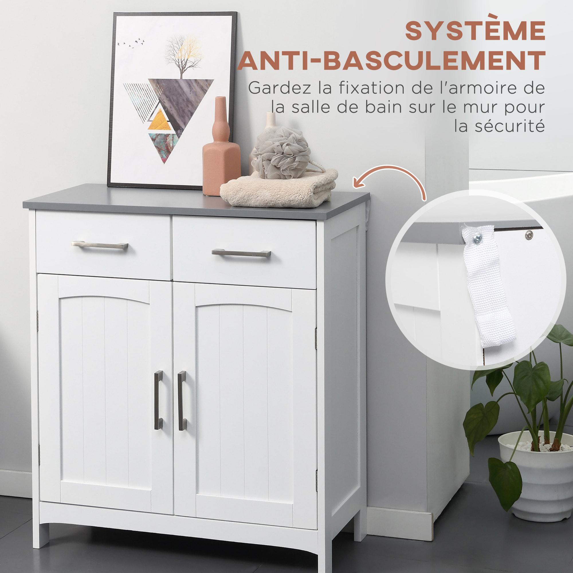 Meuble bas de salle de bain sur pied - 2 tiroirs, 2 portes, étagère - dim. 68 x 33 x 76 cm - blanc gris