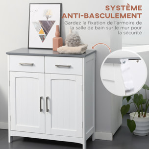 Meuble bas de salle de bain sur pied - 2 tiroirs, 2 portes, étagère - dim. 68 x 33 x 76 cm - blanc gris