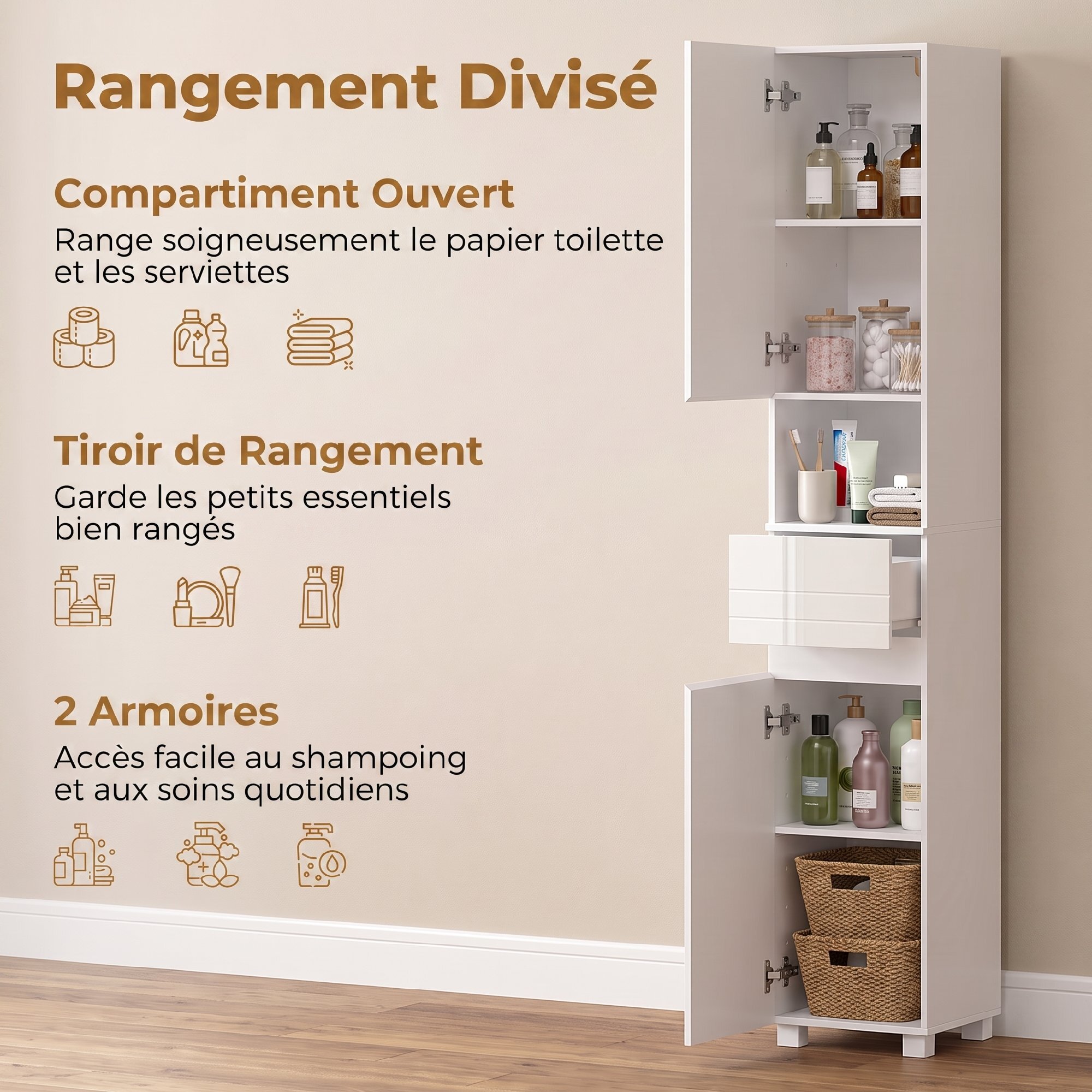 Colonne salle de bain design blanc laqué 2 portes 2 étagères tiroir niche