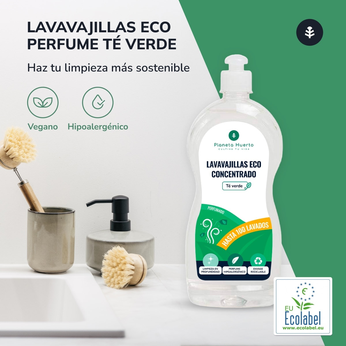 PLANETA HUERTO | Lavavajillas Manual Concentrado con Extracto de Té Verde Ecológico en Formato de 750ml Limpieza Eficiente y Respetuosa